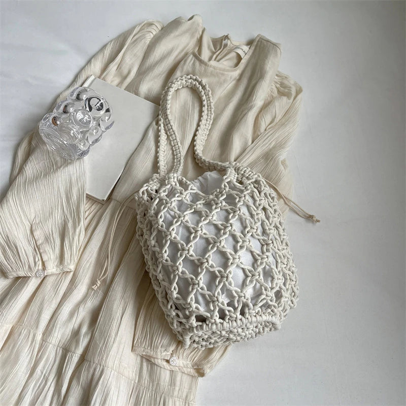 Ladies Summer Bucket Shoulder Bag Phone Purse Handmade Hollow Out Cotton Rope Crochet Bag Small Handbag For Women