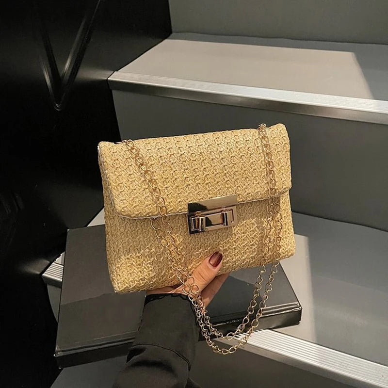 Buckle Closure Chain Crossbody Shoulder Bag Sweet Raffia Woven Women Sling Bag Solid Color Lightweight Beach Travel Purse