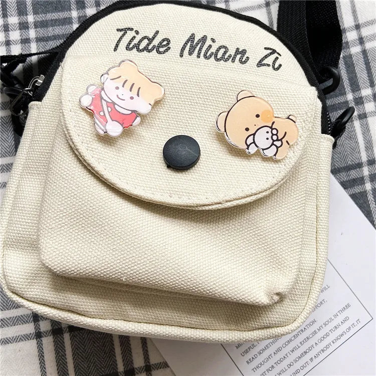Cartoon Mini Canvas Bag Cute Small Crossbody Bags for Woman Phone Tissue Coin Purse Pocket, Student Shoulder Bag with Pin Bear