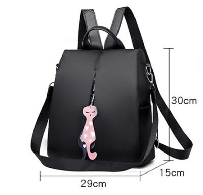 Solid Color Large Daypack for Female, Bagpack with Cat Pendant ,Women Simple Travel Shoulder Bags ,Multi-use Nylon Backpack