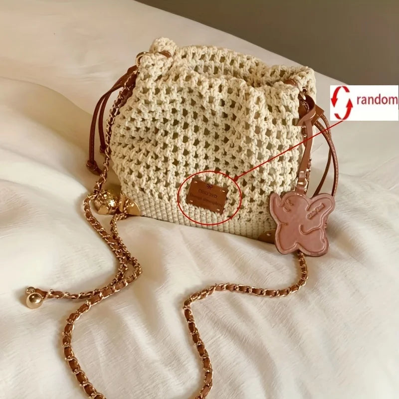 Chic Knit Crossbody Bags for Woman Bucket Bag with Adjustable Strap Weaving Handbag Shoulder Messenger Bag with Polyester Lining