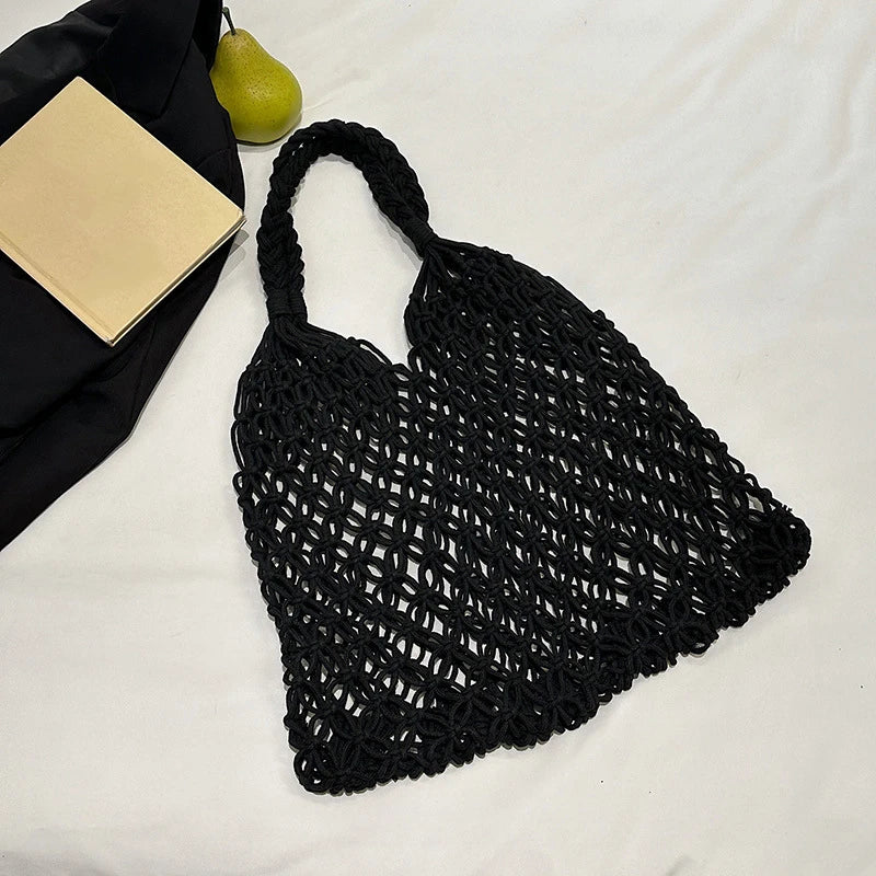 Women Bag Bucket Cotton Beach Bag Bag Casual Hollow Out Solid Soft High-Capacity Shoulder Bag Travel Handbag