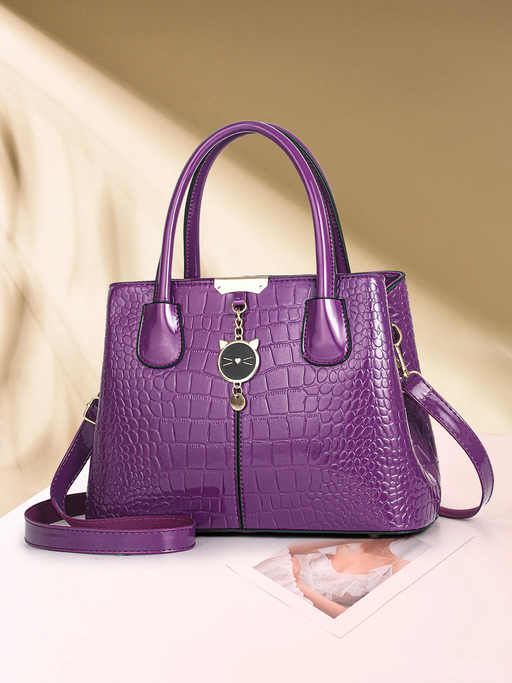 Women's Fashion Crocodile Pattern Shoulder Bag, Bright Leather Large Capacity Commuter Handbag