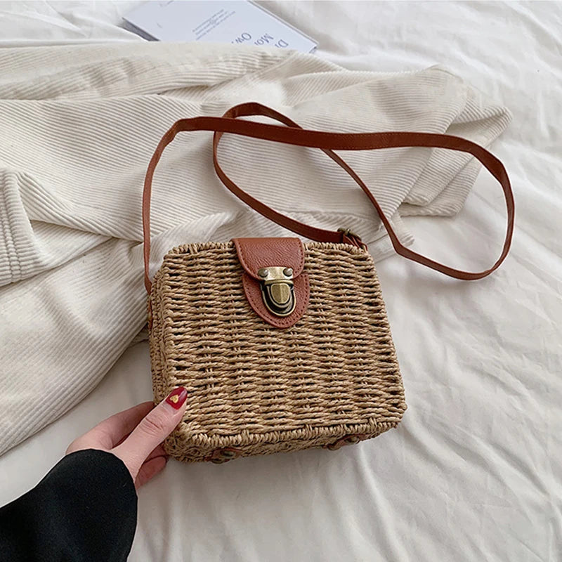 Straw Crossbody Bag For Women Bohemian Small Knitting Summer Purse And Handbag Vacational Square Beach Bags