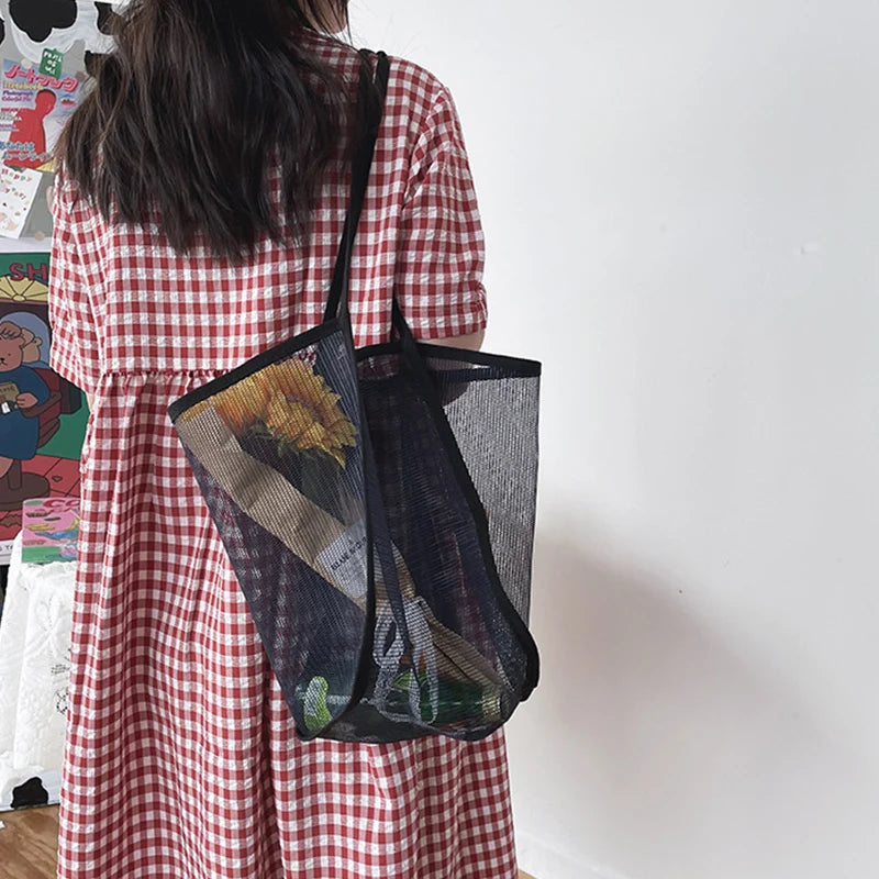 Fashion Large Capacity Handbag Mesh Hollow Out Design Beach Travel Package For Women Single Shoulder Bag Female Shopper Totes