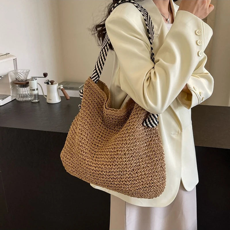 Big Capacity Straw Beach Bag Vintage Handmade Woven Shoulder Bag Raffia Rattan Handbag Bohemian Summer Vacation Crossbody Bags