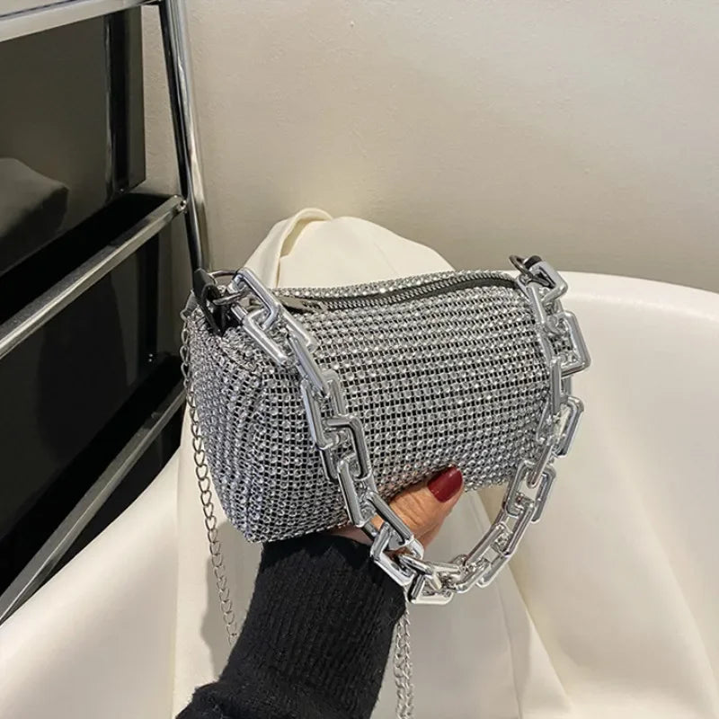 Full Version Rhinestone Bucket Tote Bag, Stylish Sparkling Chain Ball Pillow Shoulder Bag, Women's Mini Hand-Held Crossbody Bag