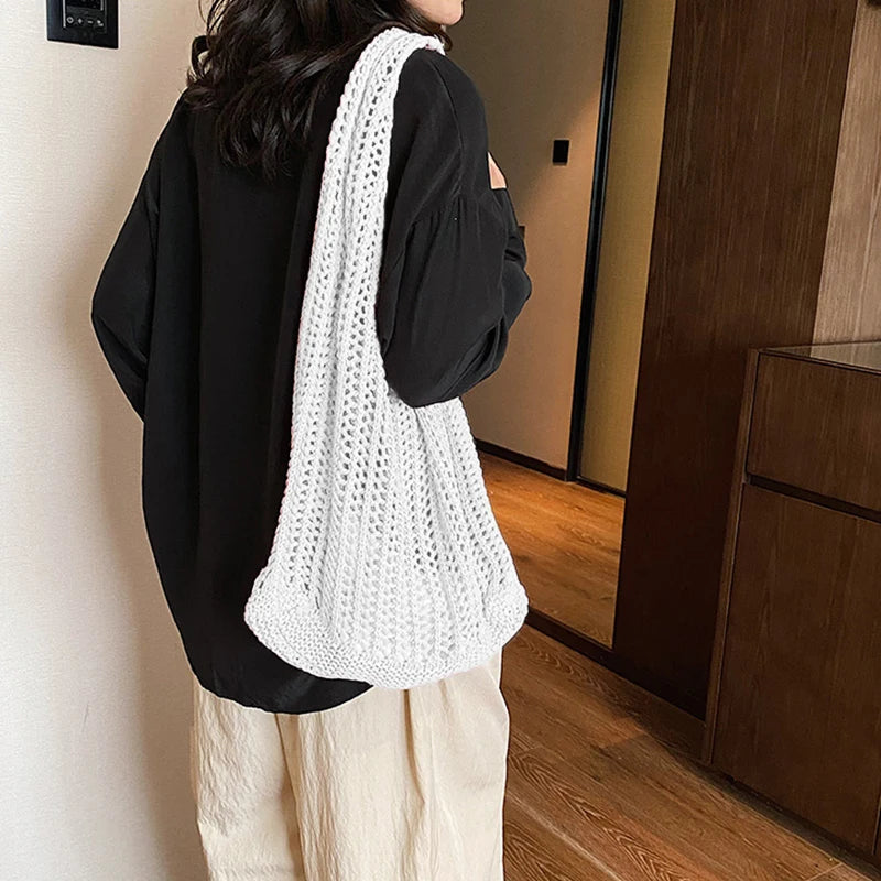 Summer Knitted Hollow Underarm Bag Women's Large Capacity Shopper Tote Bag Simple Design Casual Travel Handbags