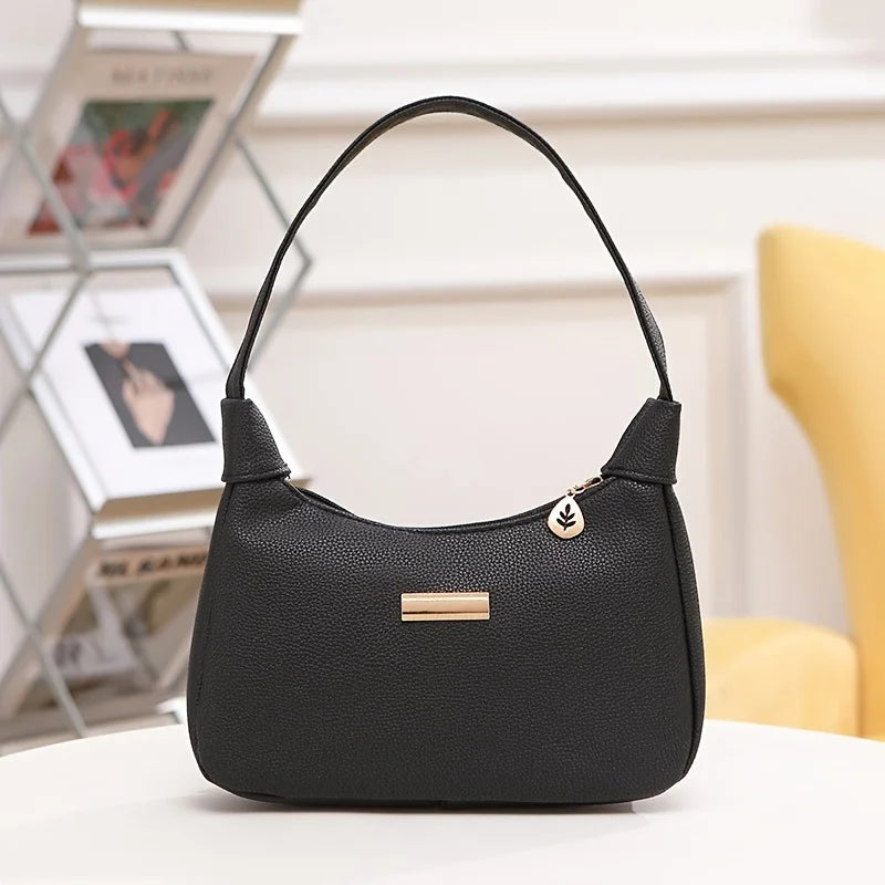 Fashion Shoulder Bag for Women, Solid Color Synthetic Leather Handbag with Zipper Closure, Versatile Underarm Dumpling Purse