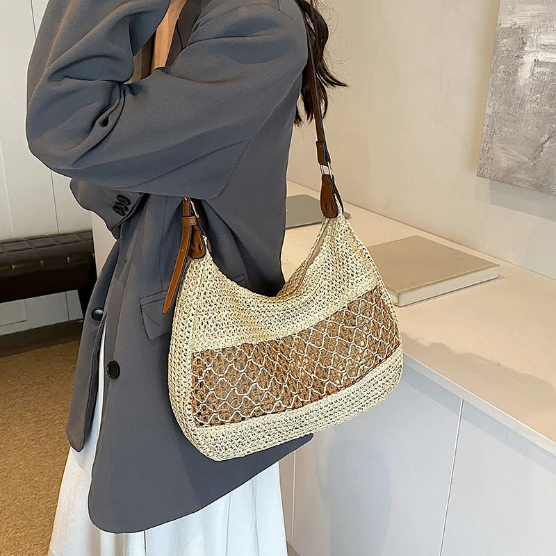 Women Hollow Shoulder Bag Large Capacity Straw Weaving Travel Handbag Adjustable Strap Shopper Tote Bag