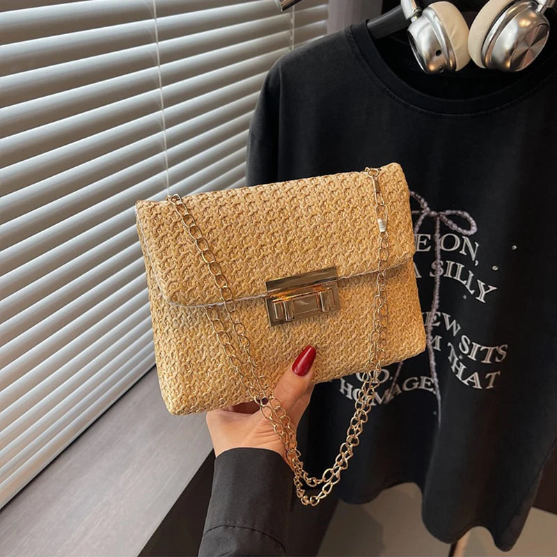 Buckle Closure Chain Crossbody Shoulder Bag Sweet Raffia Woven Women Sling Bag Solid Color Lightweight Beach Travel Purse