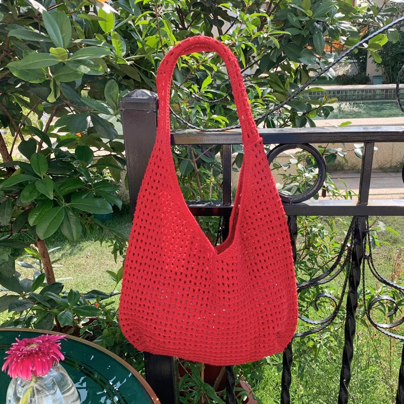 New Sweet Crochet Shoulder Bag Leisure Beach Hollow Out Handbag Women Solid Color Woven Totes Bag For Travel