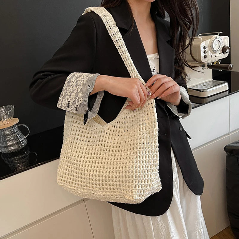 New Sweet Crochet Shoulder Bag Leisure Beach Hollow Out Handbag Women Solid Color Woven Totes Bag For Travel