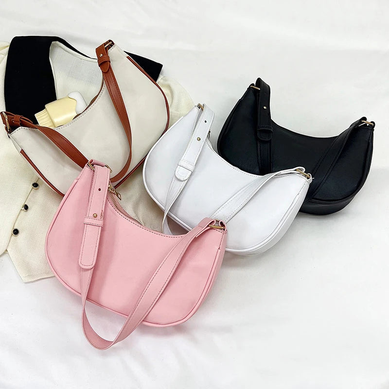 Womens Fashion Handbags Retro Solid Color Pu Leather Bag Half Simple Color Underarm Shoulder Bag Moon Casual Purse
