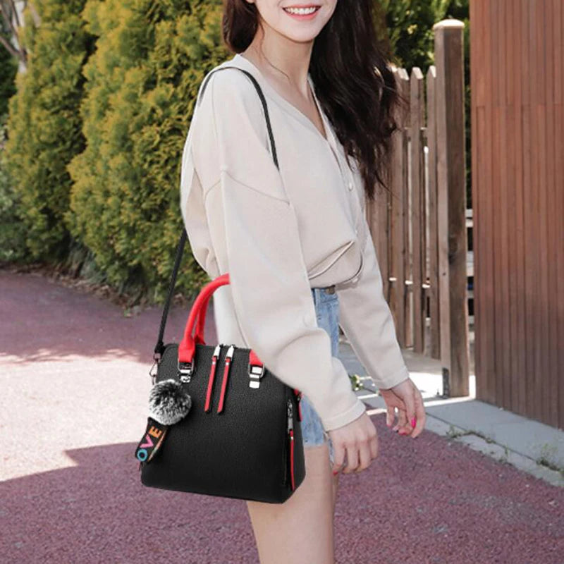 PU Leather Women's Crossbody Bag, Fur Ball Pendant Shoulder Bag, Solid Color Handbag