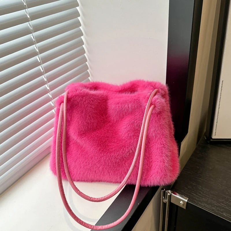 Women Fluffy Shoulder Bag Top-handle Bag New Fashion Female Autumn Winter Handbag Soft Plush Versatile Shopping Tote