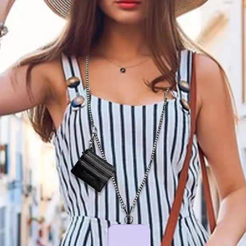 Metal Crossbody Phone Strap With Zippered Pocket Anti-Drop Phone Case Wallet Card Slot Shoulder Phone Lanyards Fashion Bag Chain
