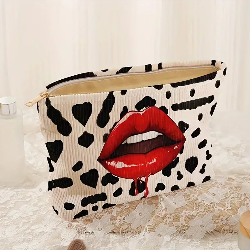 Leopard Print & Red Lips Pattern Cosmetic Bag - Polyester Makeup Pouch with Zipper, Chic Toiletry Organizer, Lined Travel Case