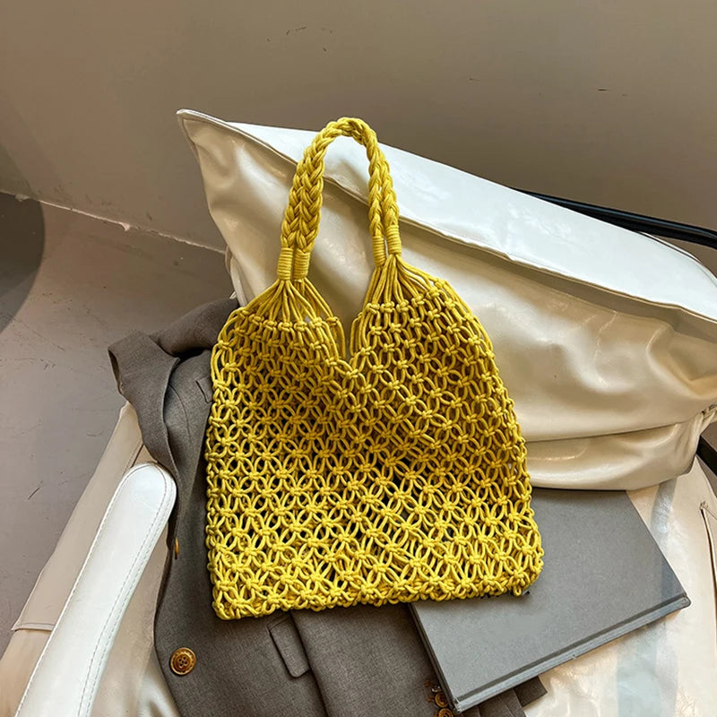 Hand-Woven Bag Women Handmade Hollow Handbag Female Shoulder Bag Big Capacity Summer Casual Travel Beach Tote Purse