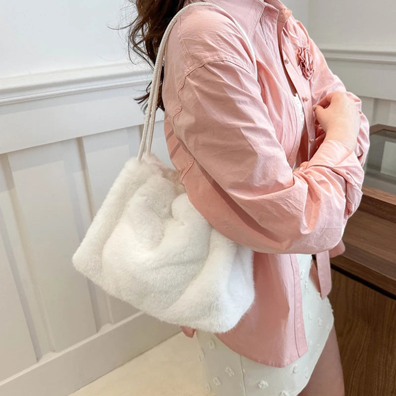 Women Fluffy Shoulder Bag Top-handle Bag New Fashion Female Autumn Winter Handbag Soft Plush Versatile Shopping Tote