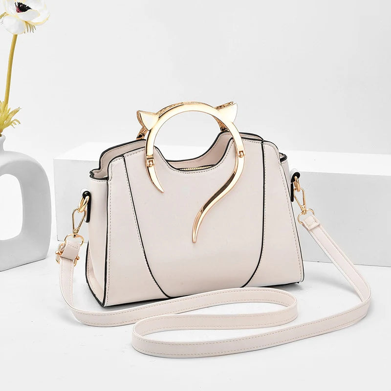 Cat Shaped Handle Women Handbag Trendy And Fashionable, Solid Color, Simple And Casual Crossbody Shoulder Shell Bag