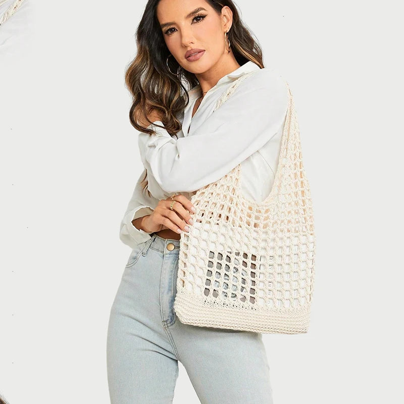 Fashion Crochet Bags for Women Summer Beach Tote Bag Aesthetic Totes Handbag Bohemian Woven Knit Shoulder Bag