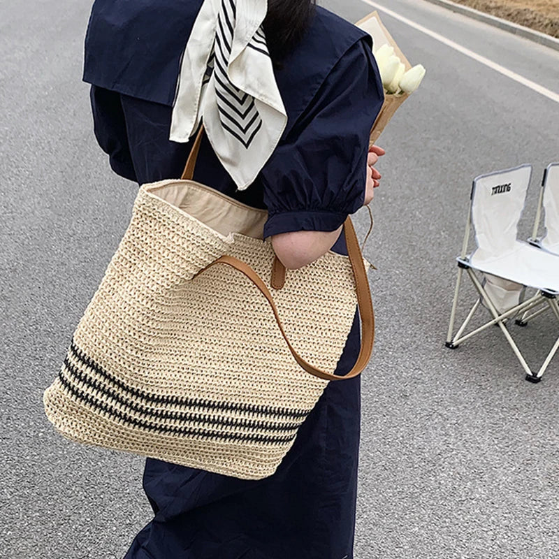 Vintage Straw Rattan Woven Bags Handmade Summer Beach Bags  Ladies Large Capacity Shoulder Bag Bohemia Travel Handbags Totes sac