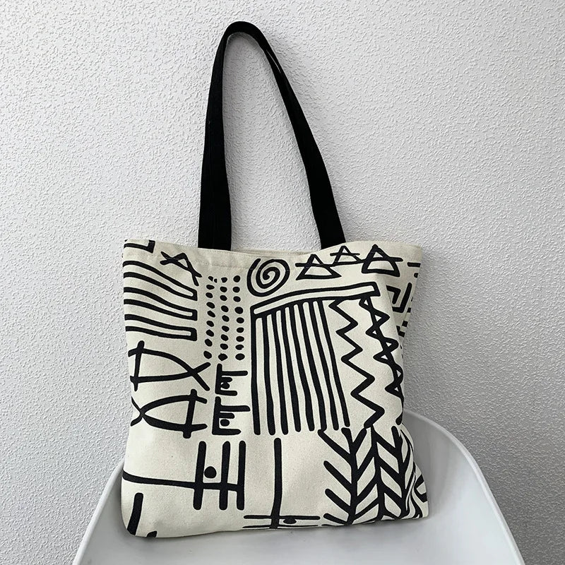 Teen Youth Pattern Canvas Bag, Large Capacity Female Single Handbag Shoulder Bag, Student Literary Artistic Simple Shopping Bag