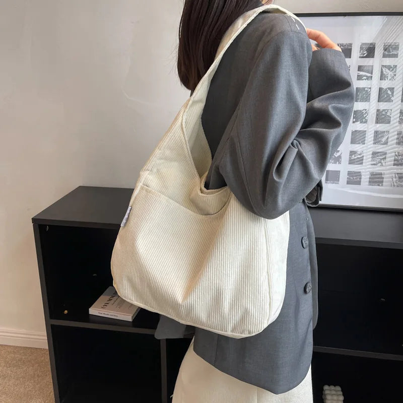 Causal Shoulder Bags for Women Corduroy Reusable Shopping Totes Large Capacity Female Travel Top Handle Handbag Girls Books Pack