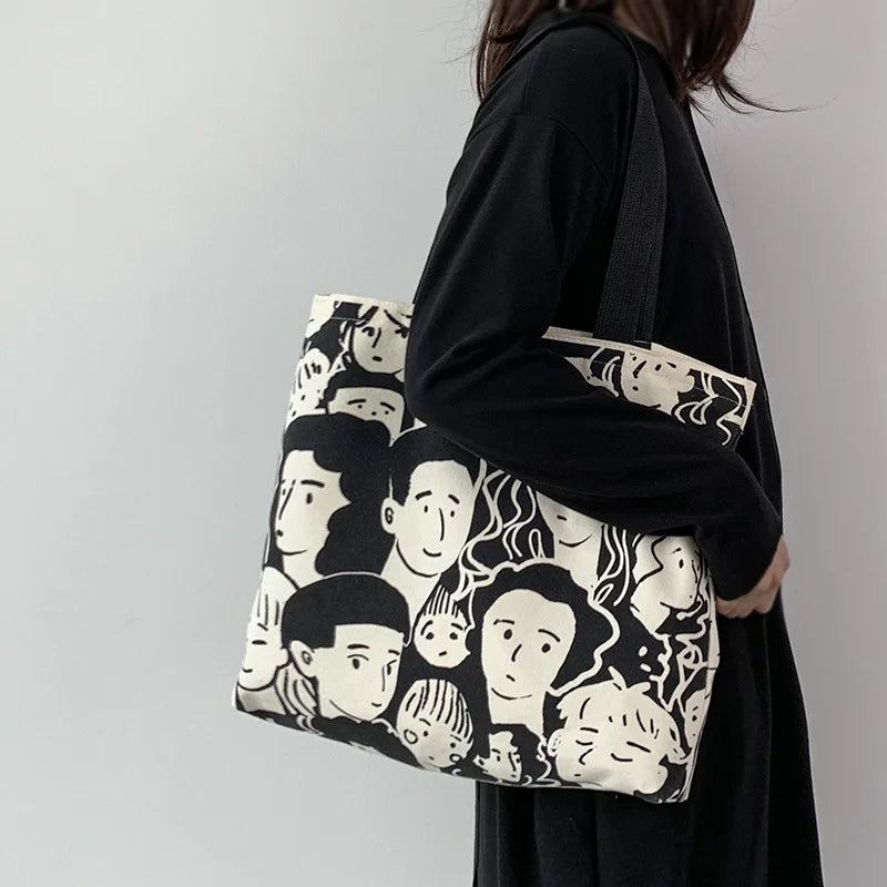 Teen Youth Pattern Canvas Bag, Large Capacity Female Single Handbag Shoulder Bag, Student Literary Artistic Simple Shopping Bag