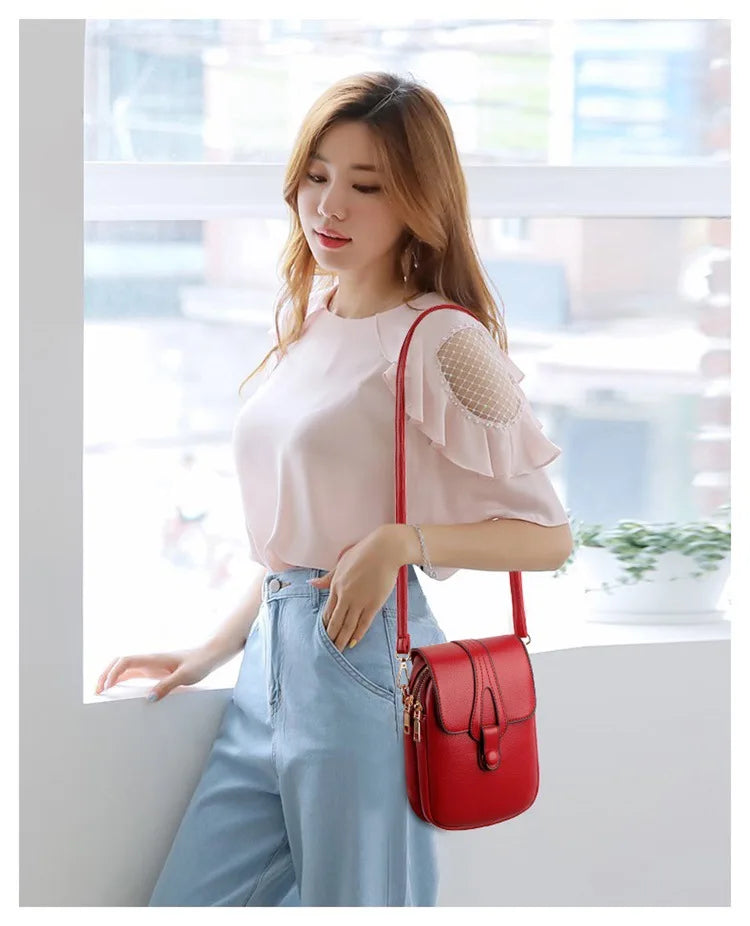 Mini Multifunctional Leather Shoulder Bag for Cellphone/Sport Cross Bags with Headphone Jack, Multi Layer Women's Bag with Cover