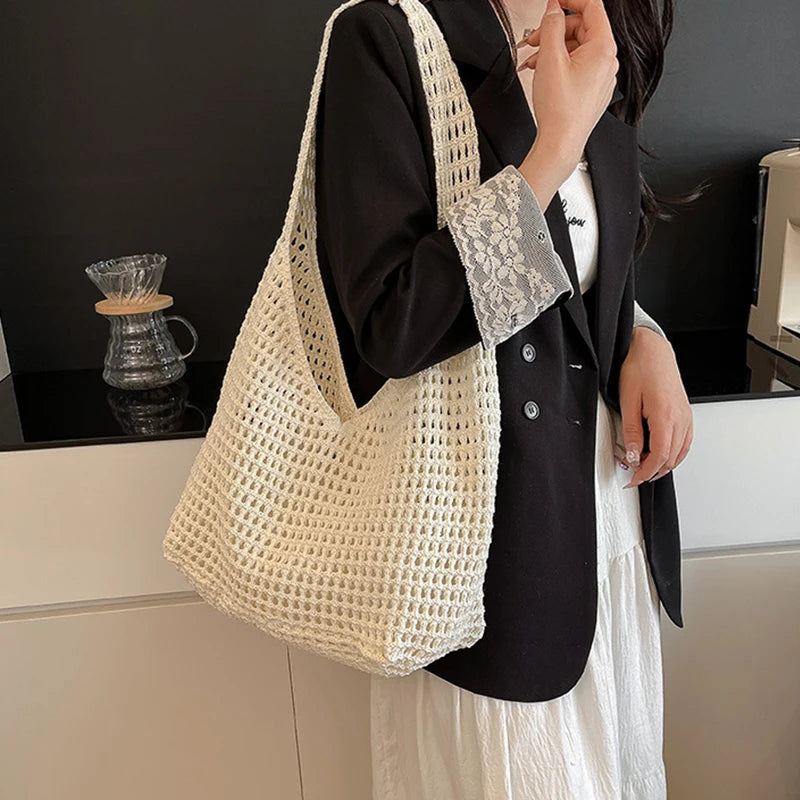 New Sweet Crochet Shoulder Bag Leisure Beach Hollow Out Handbag Women Solid Color Woven Totes Bag For Travel