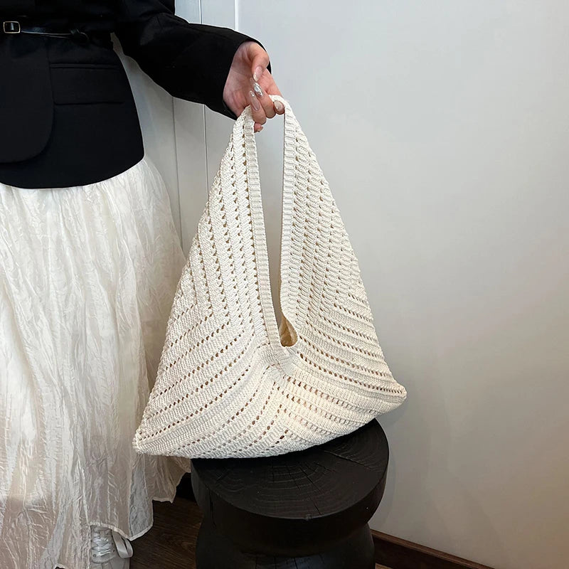 Brand Women Tote Knitting Handbag Triangle Design Woven Beach Bag Lightweight Elegant Portable Shoulder Bag Purse