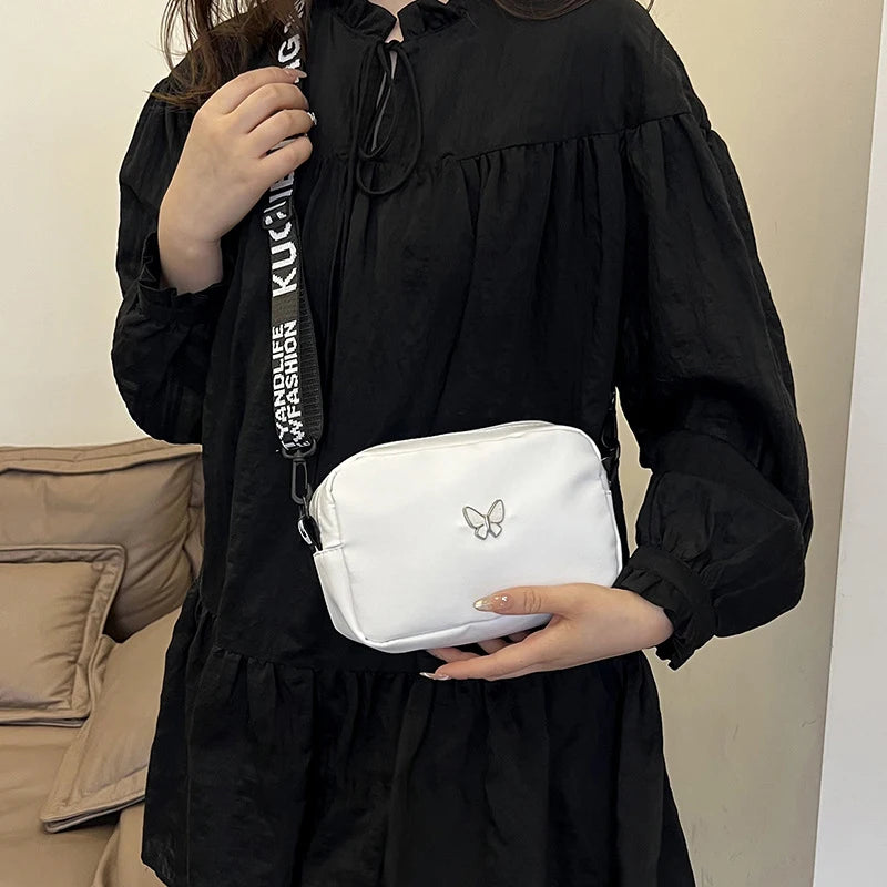 Black&white Shoulder Bag Durable Butterly Nylon Crossbody Bag Wide Belt Crossbody Bag Casual Small Sqaure Bag For Women