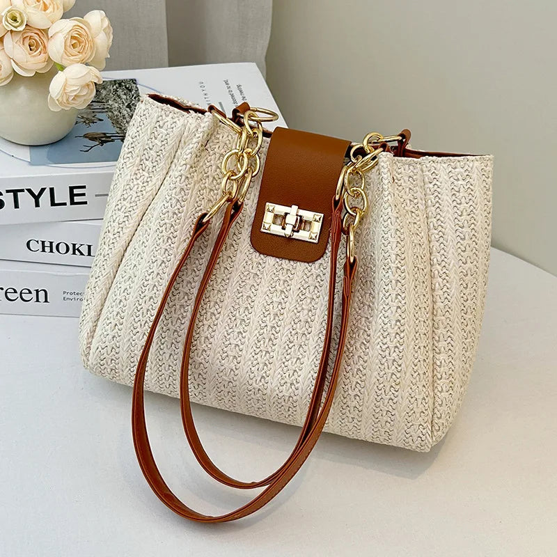 Elegant Women's Woven Fabric Shoulder Bag with Adjustable Chain Strap Front Flap Button Closure Professional Use, Woven Handbag