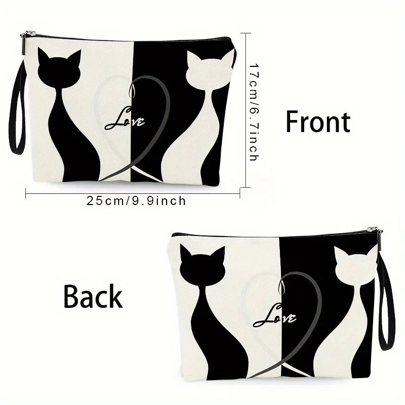 Cat Heart Design Cosmetic Bag, Polyester Storage Wash Makeup Pouch Zippered Travel and Daily Use Organizer Ideal Gift for Women