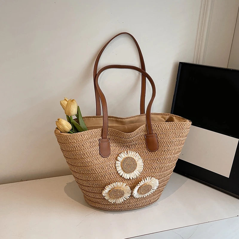 Woven Women Handbag Large Capactity Basket Summer Beach Bag Shopper Tote Ladies Travel Shoulder Underarm Bags