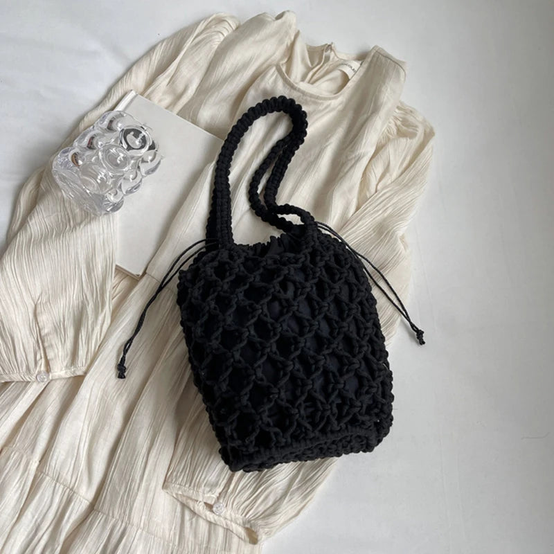 Ladies Summer Bucket Shoulder Bag Phone Purse Handmade Hollow Out Cotton Rope Crochet Bag Small Handbag For Women