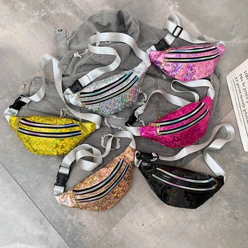 Holographic Fanny Pack Hologram Waist Bag Laser PU Leather Travel Banana Hip Bum Zip Waist Bags Women Shoulder Bag for Girls