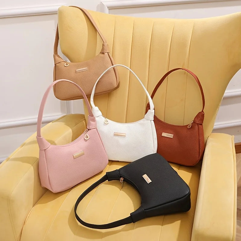 Fashion Shoulder Bag for Women, Solid Color Synthetic Leather Handbag with Zipper Closure, Versatile Underarm Dumpling Purse
