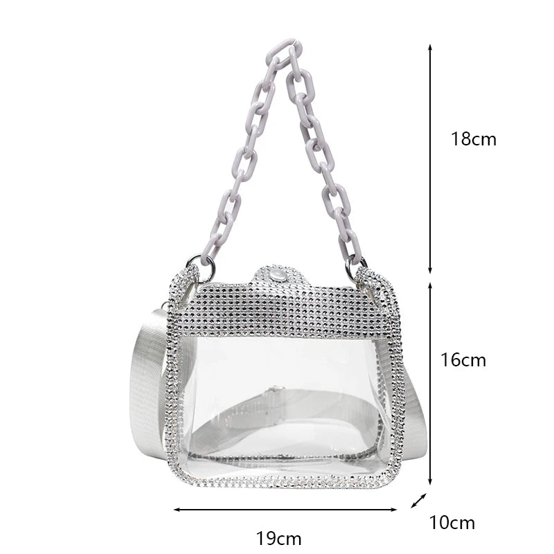 PVC Transparent Shoulder Crossbody Bag Rhinestone Thick Chain Ladies Small Purse and Handbags Fashion Jelly Summer Beach Totes