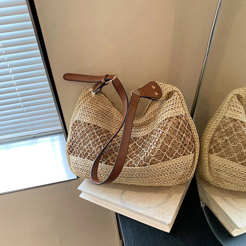 Women Hollow Shoulder Bag Large Capacity Straw Weaving Travel Handbag Adjustable Strap Shopper Tote Bag