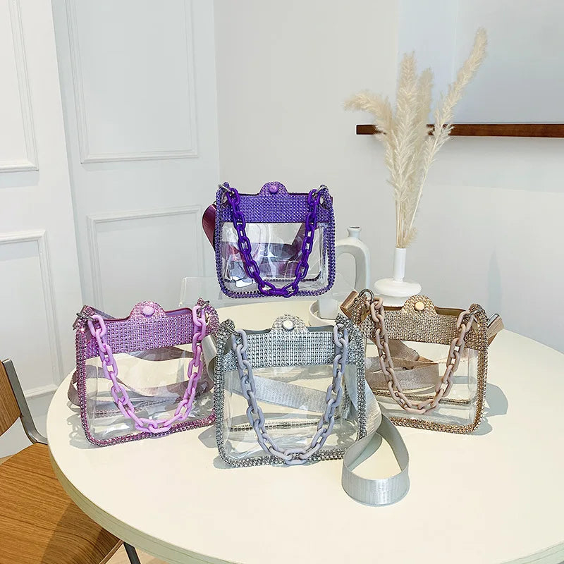 PVC Transparent Shoulder Crossbody Bag Rhinestone Thick Chain Ladies Small Purse and Handbags Fashion Jelly Summer Beach Totes