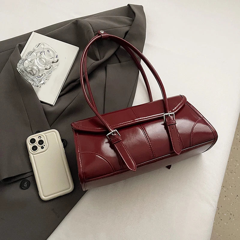 High End Burgundy Oil Wax PU Leather Underarm Bag Elegant Women's Magnetic Buckle Shoulder Bag Commuter Versatile Ladies Tote Ba