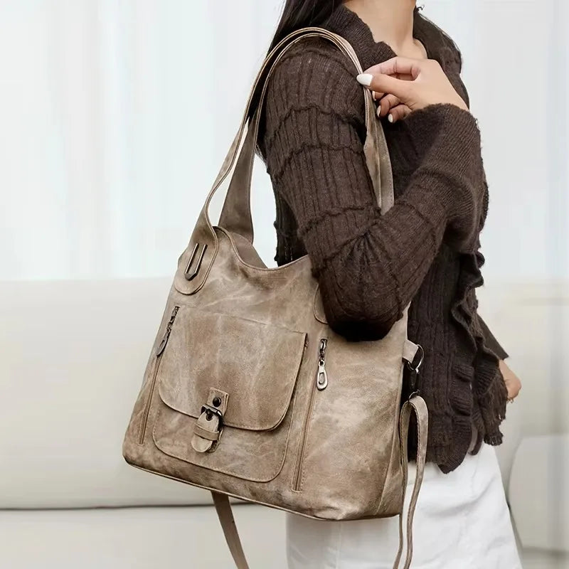 Soft Synthetic Leather Retro Women's Shoulder Tote Bag, Multiple Pockets for Daily Use or Work, Versatile Carry Bag