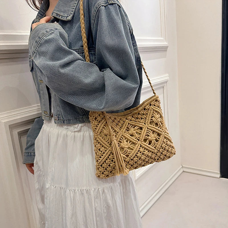 Fashion Woven Hollow Out Shoulder Bags Summer Crossbody Beach Travel Handbag Female Tassel Bag Women Messenger Bags