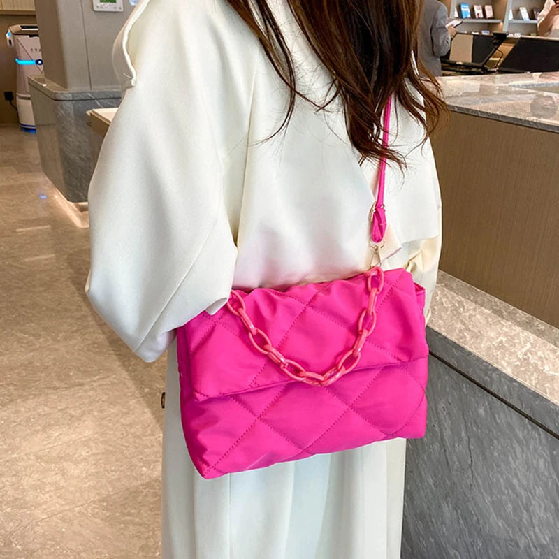 Fashion Chain Crossbody Bags Women Winter Cotton Padded Quilted Shoulder Bags Casual Large Capacity Simple Female Handbags