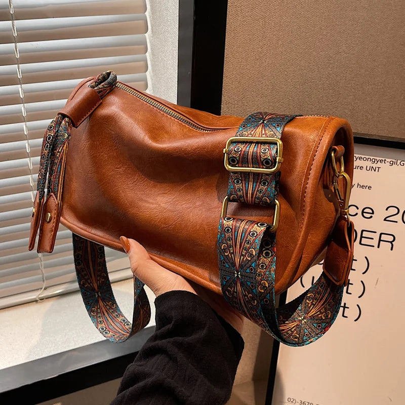Graphic Pattern Zipper Crossbody Bag, Stylish Shoulder Bag With Wide Strap, Large Capacity Daily Purse