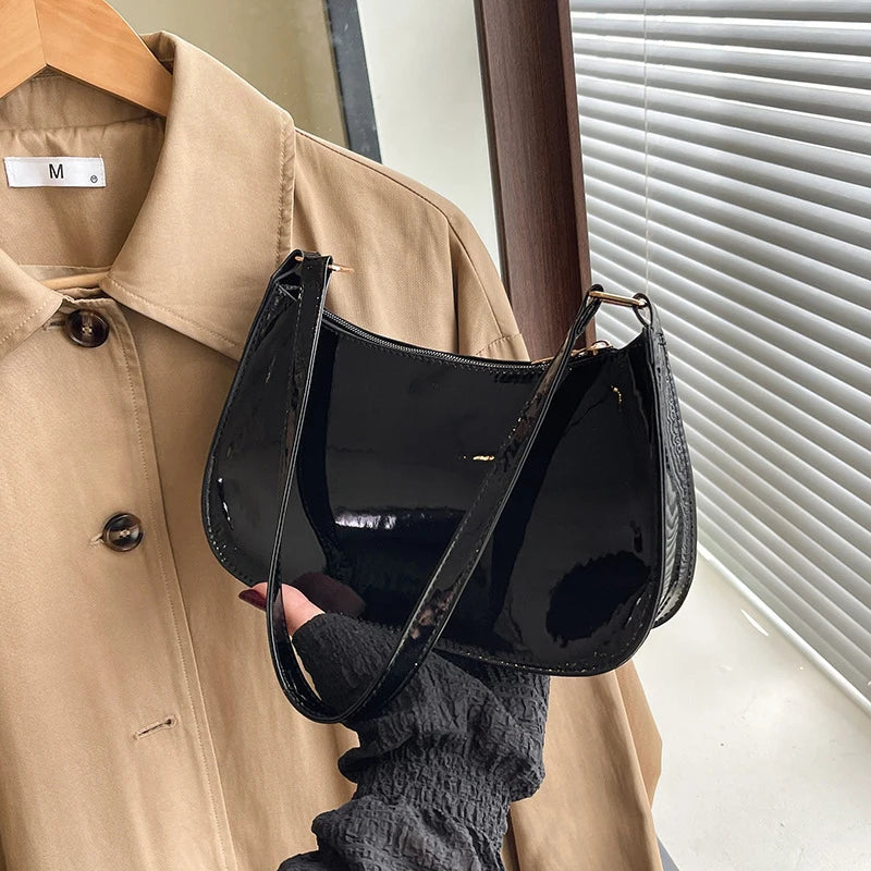 Women's Patent Leather Handbag Versatile Fashion Shoulder Bag Casual Commuting Bag Girl Brand Designer Zipper Small Handbag
