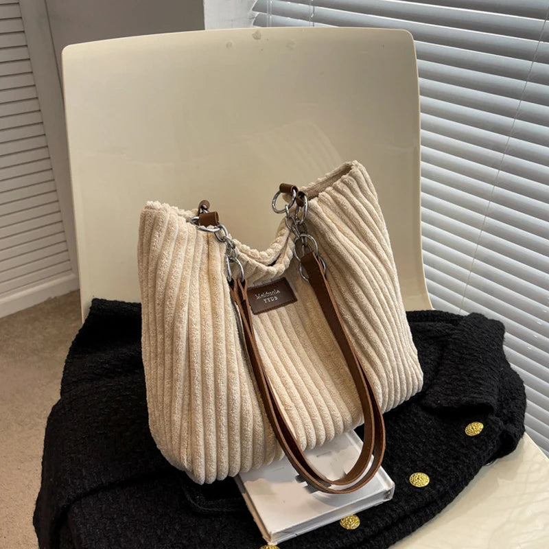 Women Corduroy Shoulder Bag Solid Color Handbag Shoulder Strap Large Capacity Simple Multifunctional Design Casual Totes